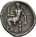 Didrachme. (ca. 450-440 v. Chr.), 23 mm. TAPAΣ. Männliche Figur sitzt im Mantel (himation) auf einem Hocker (diphros) nach l. In seiner r. Hand hält er eine Spindel, mit der l. umfasst er einen Stab. (Revers).[85]