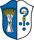 Weizengarben, Bischofsstab und die drei Kugeln als Attribute des heiligen Nikolaus im Wappen der Gemeinde Geldersheim