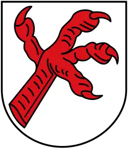 Schräglinks aufsteigende Vogelklaue, bezugnehmend auf die Grafen von Leiningen, in Mettenheim/Rhh.