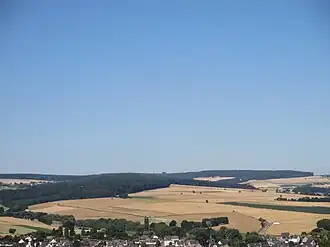 Die Dachsköpfe (Großer und Kleiner Dachskopf; mittig); Hoher Wald (rechts) mit Winterwerb (links) und Miehlen (vorne)