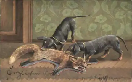 Rotfuchsvorleger und zwei Dackel (August Müller (1836–1885))
