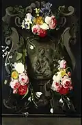 Heilige Familie im Blumenkranz, 1644, Öl auf Eichenholz, 83,0 × 54,5 cm, Kunsthistorisches Museum Wien. Die Figuren sind zugeschrieben an Erasmus II Quellinus oder Simon de Vos