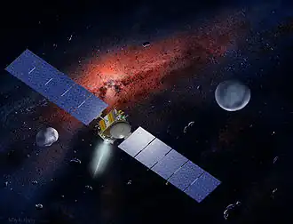 Zeichnung einer länglichen Raumsonde mit entfalteten Solarzellenflächen und einem antriebsstrahl.