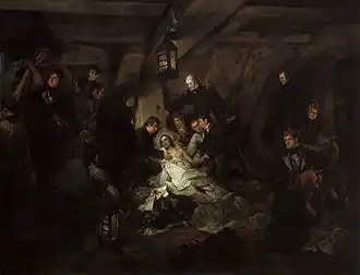 Schiffsarzt Beatty stellt an Bord der Victory den Tod Admiral Nelsons nach der Seeschlacht von Trafalgar fest – Gemälde von A. Dewis