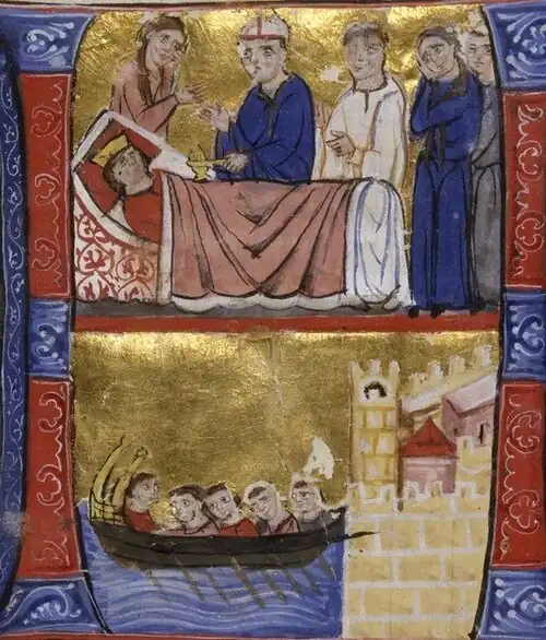 Der Tod der Jolanda von Jerusalem, Miniatur in einer Handschrift aus dem 13. Jahrhundert