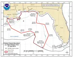21. Juni 2010: NOAA-Karte der für Fischerei gesperrten Gewässer im Golf von Mexiko
