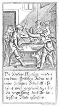 Die Heilige Hostien werden / von denen Gottlosen Juden mit / einer spitzigen Schuhall, so / heint noch gegenwärtig, / bis zu Vergiessung des Allerhei= / ligsten Bluts gestochen.