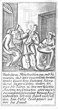 Umb ihren Muethwillen ein end zu / machen und ihre unmenschliche übel / thaten sambt dem Heiligen Sacra= / ment zu vertuschen, wollen sol= / ches die Juden in ihre verflucht / Rachen verschlucken aber ein wi / derumb erscheinendes kleines Kind widersetzt sich mit Händ und Füß / lein dan dieses Brod gehört nit / vor die Hund.