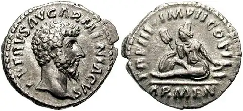 Münze zum Sieg des Lucius Verus' Armeniacus gegen Vologaeses IV. im Krieg um Armenien