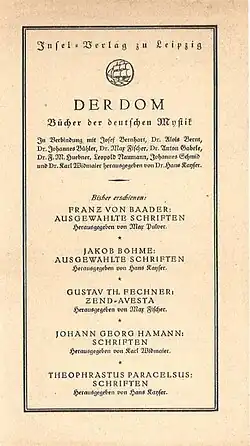 Prospekt „Der Dom“ (IV 442, Vor- und Rückseite) mit einer Liste der 13 erschienenen Titel