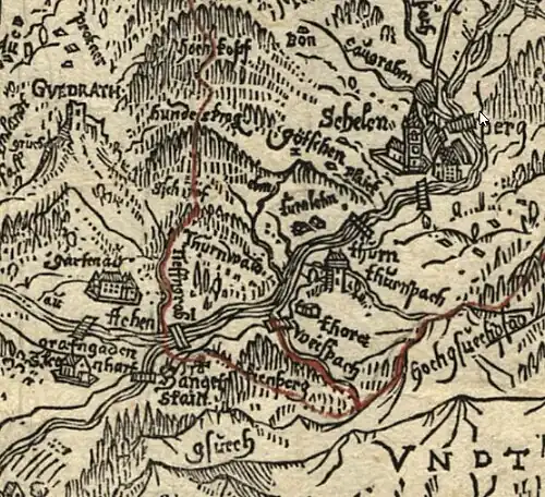 Johann Faistenauer (1577/78–1643): Das Landt und Fürstliche Stifft Berchtolsgaden (1626) Kartenausschnitt: Rote Linie = Grenzverlauf Fürstpropstei Berchtesgaden – Fürsterzbistum Salzburg, halblinks unten der „Hanget Stain“, links oben der Berg „Gvedrath“ mit Burgruine Gutrat