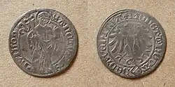 Deventer Stüber aus dem Jahr 1509, Silber. Die Vorderseite zeigt den Heiligen Lebuinus, die Rückseite den Adler aus dem Stadtwappen von Deventer.