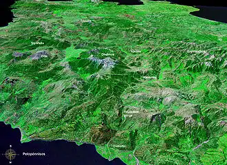 Peloponnes n==>s, Kalavryta zwischen Hochtal und Schlucht. WorldWind (20&nbsp;km)