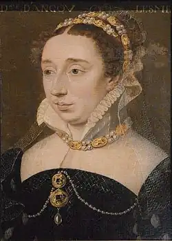 Diane de France um 1560. Offener Stehkragen mit Krausbesatz als Vorform der Krause