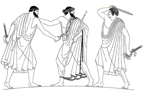 Die Ermordung des Hipparchos, Darstellung auf einer antiken Vase, um 470 v. Chr.