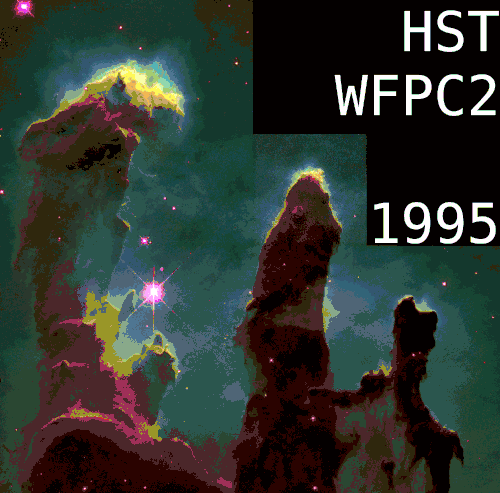 Die Säulen der Schöpfung. Animierter Vergleich von zwei Bildern des Hubble-Weltraum­teleskops (HST) im sichtbaren mit einem Bild des James-Webb-Weltraumteleskop (JWST) im nah­infraroten Bereich.