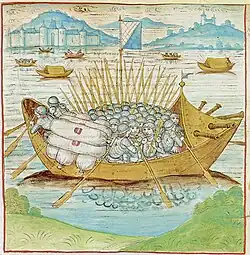 Zürcher Kriegsschiff mit Kanonen und Pikenieren.
