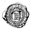 Dieses Dieburger Siegel zeigt das Dieburger D, dass in die Speichen des Mainzer Rades greift. Die Umschrift lautet: C. (Churfürstlich) M. (Mainzischen) Ambts Dieburg Insigil. Es findet sich auf Urkunden des 18. Jahrhunderts.