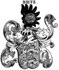 Späteres erbliches Wappen in Siebmachers Wappenbuch (hier korrekt gespiegelt)