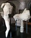 Marmorfragmente der Dioskuren mit ihren Pferden, die im Becken der Juturna-Quelle gefunden wurden. Die Skulpturen wurden gegen Ende des 2. Jahrhunderts v.&nbsp;Chr. angefertigt und sind zurzeit im Tempel des Romulus auf dem Forum Romanum ausgestellt.