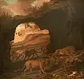 Löwen und ein Leopard in einer Höhle