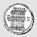 Abbildung der Fassade der Basilica Aemilia auf einer römischen Münze, 61 v. Chr.