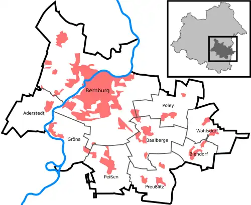 Die Ortschaften von Bernburg (Saale) (anklickbare Karte)