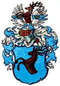 Gemehrtes Wappen der Grafen von Drechsel-Deuffstetten (Bayern), der Hirsch der Helmzier wachsend zwischen einem offenen Flug, der beidseitig je einem Posthorn belegt ist