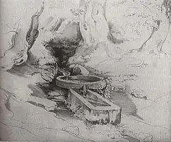 Lithografie des Drei-Tröge-Brunnen um 1830