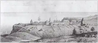 Fort Ross 1828, Auguste Bernard Duhaut-Cilly (1790–1849), veröffentlicht in seinem Voyage autour du monde, principalement a la Californie et aux Iles Sandwich, pendant les années 1826, 1827, 1828, et 1829, Paris: Arthus-Bertrand and Saint-Servan: D. Lemarchand, 1834
