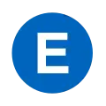 Viereckiges Liniensymbol mit dem weißen Buchstaben E in blau gefülltem Kreis