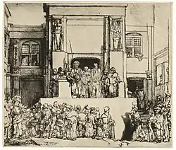 R69a Christus wird dem Volk gezeigt: liegende Platte, 1655. Kaltnadel mit Plattenton auf Japanpapier, 383 × 455 mm. Amsterdam, Rijksmuseum, Inv. RP-P-1975-1 (NH. 290 III)
