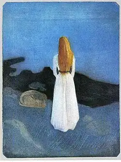 Druck einer Radierung. Dieses Mal steht die Frau allein am Ufer. Das Kleid ist weiß, das Haar blond, Strand und Meer in Blautönen.