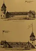Edwin Oppler: Schloss Halberg, dreiflügeliger Stall- und Remisenbau mit Wasserturm (Staatsarchiv Hannover, Nachlass Oppler), abgerissen zugunsten des neuen Konferenzgebäudes des Saarländischen Rundfunks im Jahr 1969