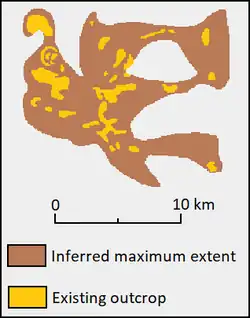 Diagramm mit der Lage von Gesteinsaufschlüssen und der geschätzten maximalen Ausdehnung einer geologischen Formation