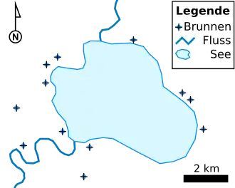 Zur Veranschaulichung eine einfache Landkarte im Vektorformat mit: Punkten (Brunnen), Polylinien (Flüsse) und Polygon (See).