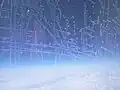 Eiskristalle an einer Scheibe eines Flugzeuges