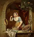 Junge Marktfrau verkauft Heringe und Maronen. (Öl auf Leinwand, 1840)