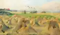 Landschaft mit Kornfeld und Hühnern