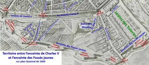 Stadtbefestigungen Karls V. und Ludwigs XIII. 1609 auf dem Stadtplan von Quesnel