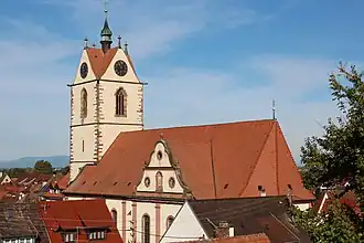 Kreuzdach eines Kirchturmhelms mit Dachreiter (St. Peter, Endingen)