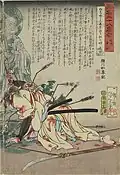 Enjō Kihachirō (vor einer Jizō-Statue mit Pilger­stab und einer Wunsch­er­füllungs­perle (nyoi no tama)),[7] Blatt 8 aus der Serie Gedichte über 28 berühmte Morde oder auch 28 berühmte Mörder mit Gedichten von Tsukioka Yoshitoshi, 1867 (14 der 28 Blätter stammen von Yoshitoshi, die anderen 14 von Utagawa Yoshiiku.)