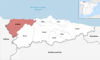 Die Lage der Comarca Eo-Navia in der autonomen&nbsp;Gemeinschaft&nbsp;Asturien