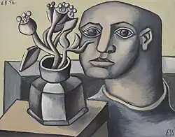 Erich Ess - Öl auf Hartfaserplatte - 1956 - 55x69,5cm, Kopf und Blumenvase, geometrisiert, reduzierte Farbigkeit