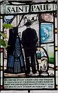 Detail einer Alltagsszene im Fenster zum Heiligen Paulus (der Hund stellt den Hund dar, der zum Zeitpunkt der Herstellung des Fensters dem Pfarrer gehörte), St Augustine, Haggerston, London, 1933