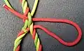 Das oben liegende Kaardel (rot) wird unter das grüne Kaardel der stehenden Part gesteckt, damit dann die Kaardele auf einer Ebene liegen.