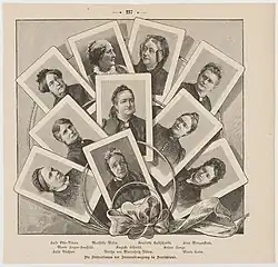 Die Führerinnen der Frauenbewegung in Deutschland, Illustration aus Die Gartenlaube, 1894, Auguste Schmidt in der 2. Reihe in der Mitte