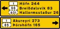 Vorausliegende Zielorte mit Entfernungen in Kilometer und Straßennummern (außerhalb der Hauptstadt)