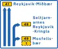 Vorausliegende Zielorte mit Spurangabe und Straßennummern (innerhalb der Hauptstadt)