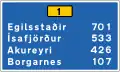 Vorausliegende Zielorte mit Entfernungen in Kilometer und Straßennummern (innerhalb der Hauptstadt)